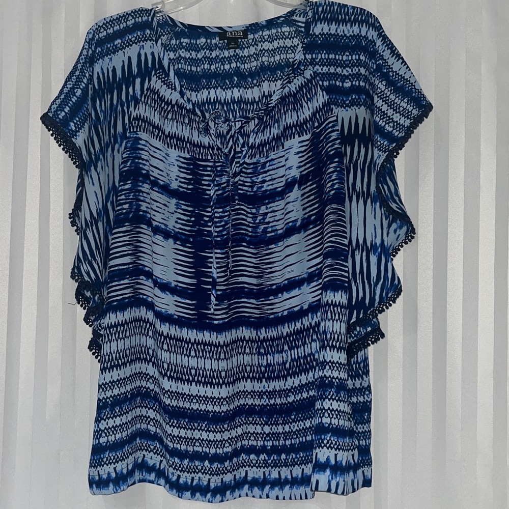 a.n.a Navy & Light Blue Patterned Blouse with Ruffled Sleeve Detailing